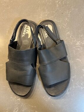 Sorel Ella II Black Leather Slingback Slide Sandals